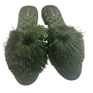 Birdies Green Velvet Songbird Pom Pom Slide Mules in size 5.5